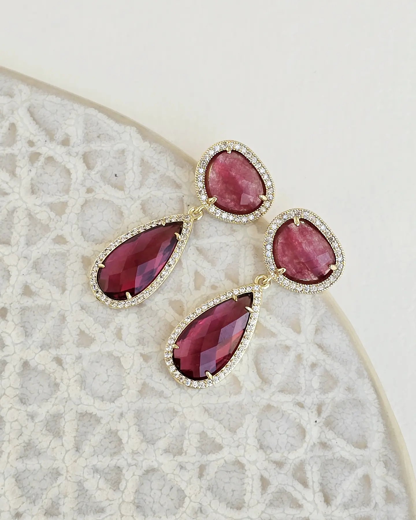 Aros piedra y cristal frambuesa 1