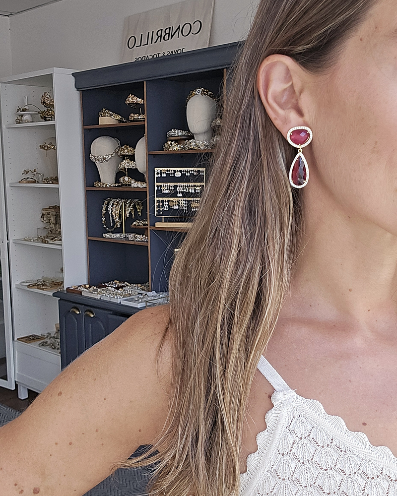 Aros piedra y cristal frambuesa