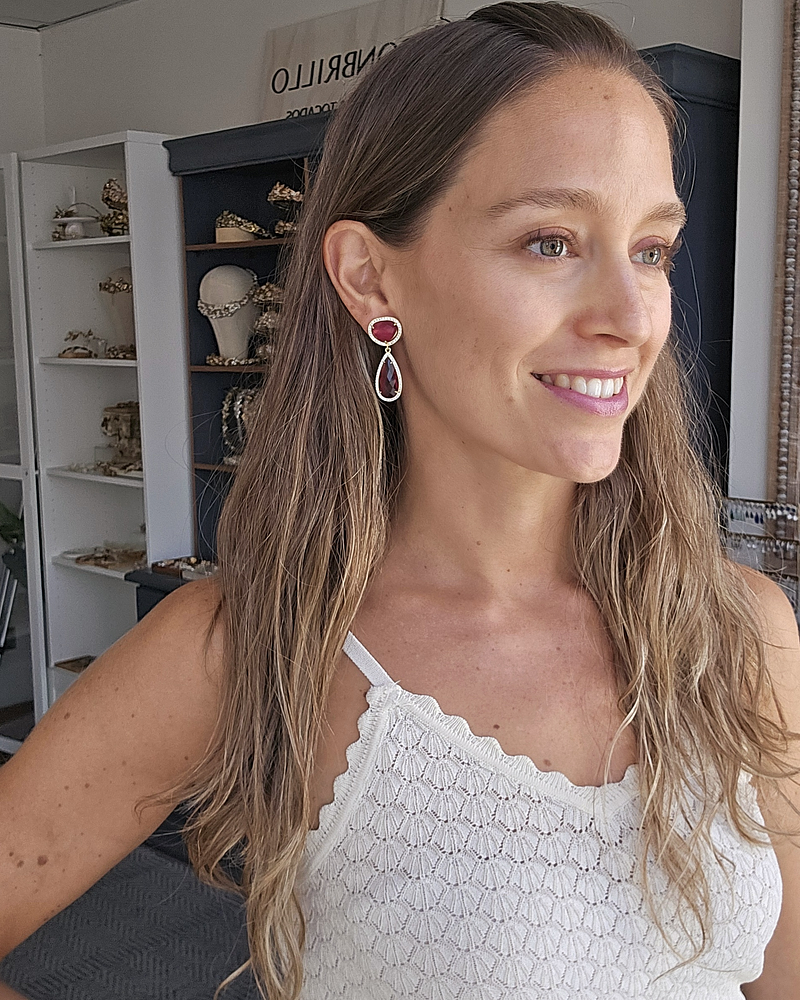 Aros piedra y cristal frambuesa