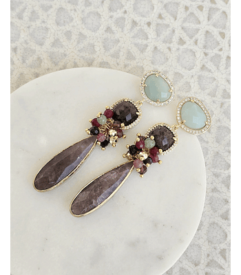 Aros piedra menta, labradorita y ágata morado con racimo