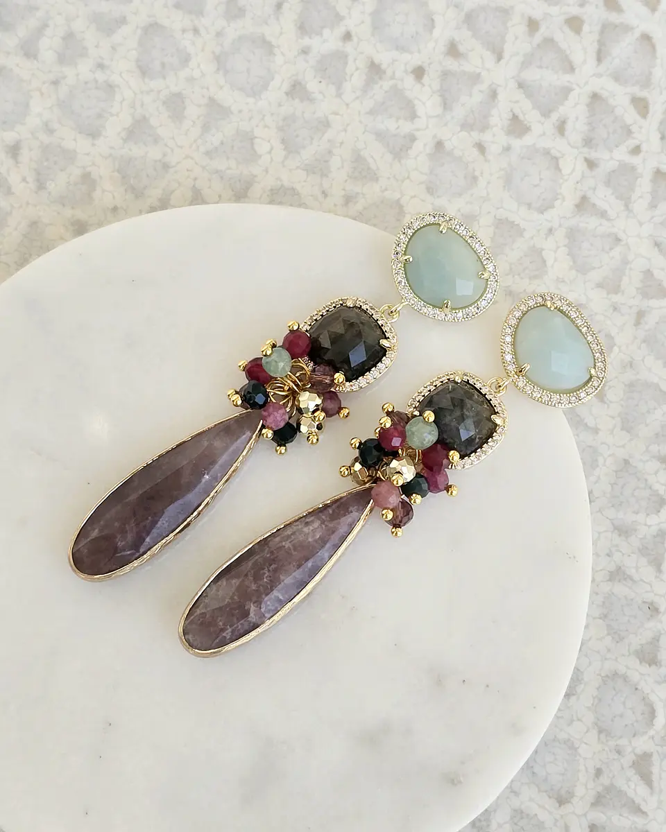 Aros piedra menta, labradorita y ágata morado con racimo 1