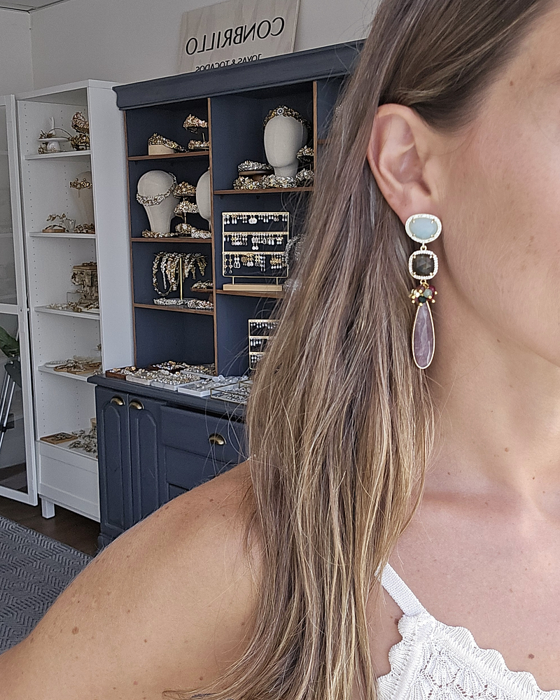 Aros piedra menta, labradorita y ágata morado con racimo