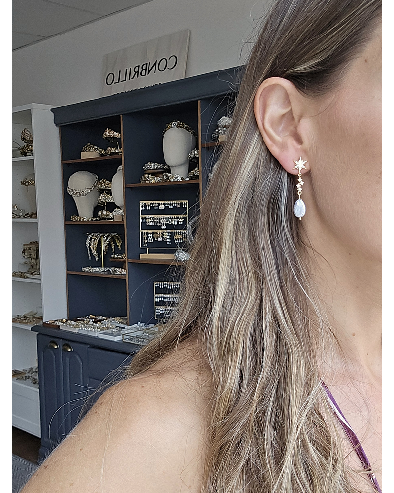 Aros estrellas circonitas con perla natural