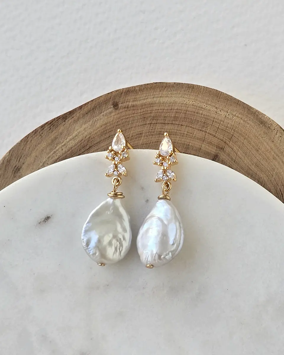 Aros circonita y perla natural oro 2
