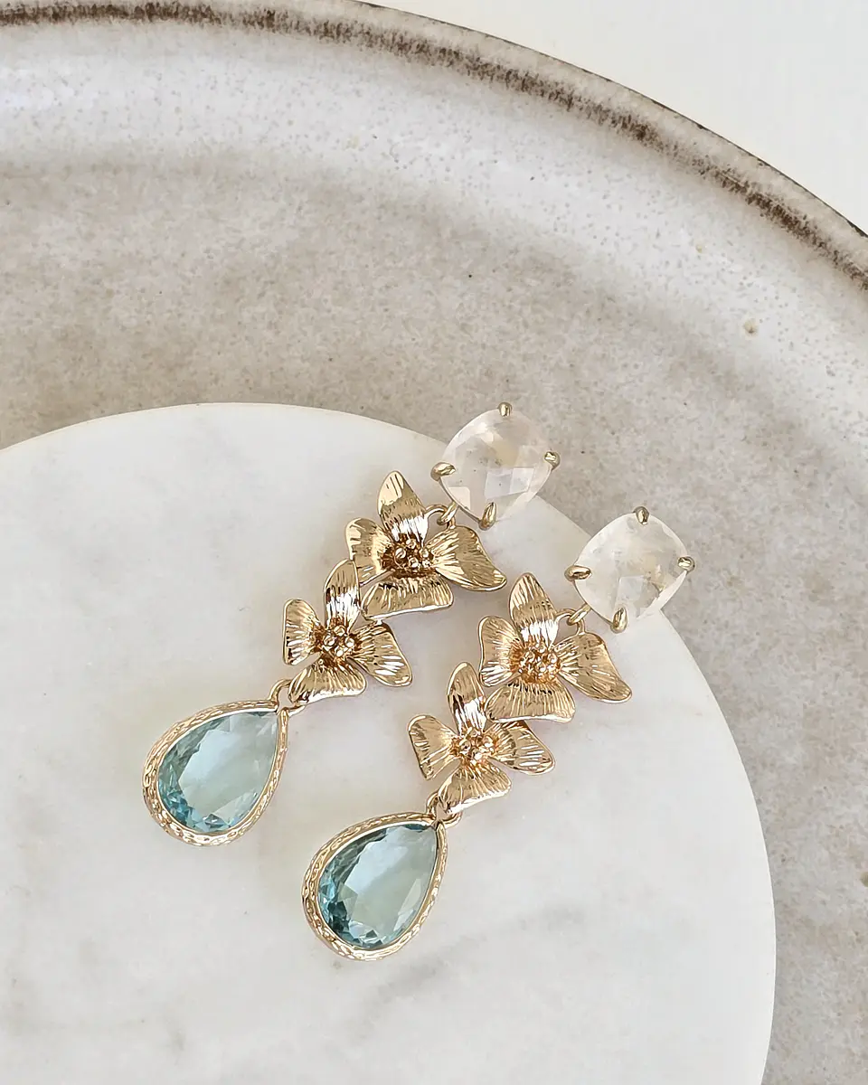 Aros cuarzo doble flor y cristal celeste 1