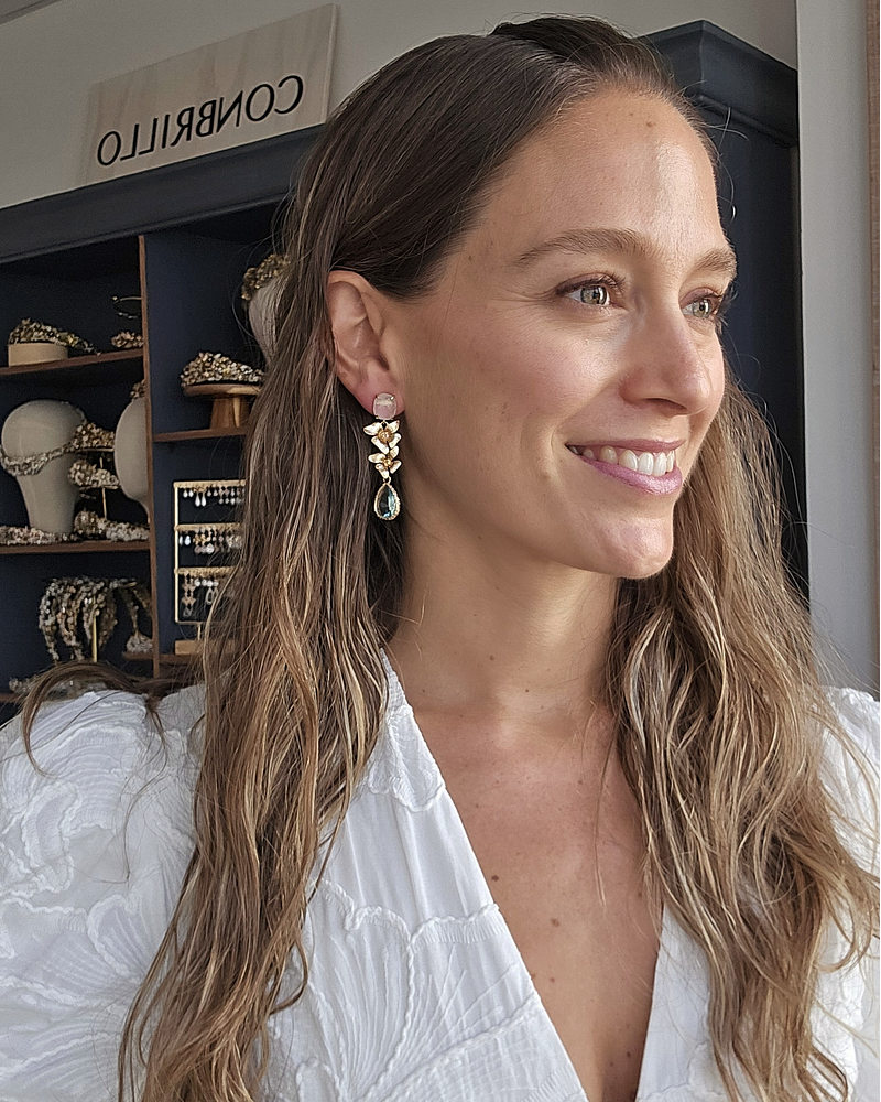 Aros cuarzo doble flor y cristal celeste