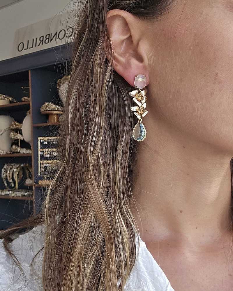 Aros cuarzo doble flor y cristal celeste