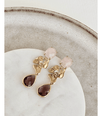 Aros cuarzo rosa, flor y cristal burdeo