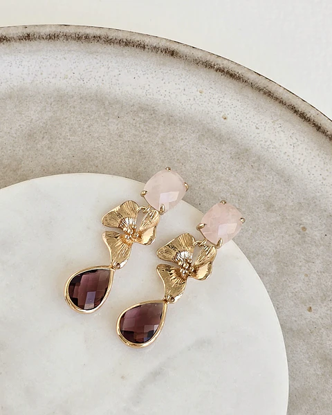 Aros cuarzo rosa, flor y cristal burdeo
