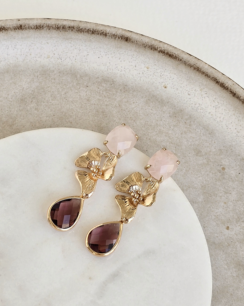 Aros cuarzo rosa, flor y cristal burdeo