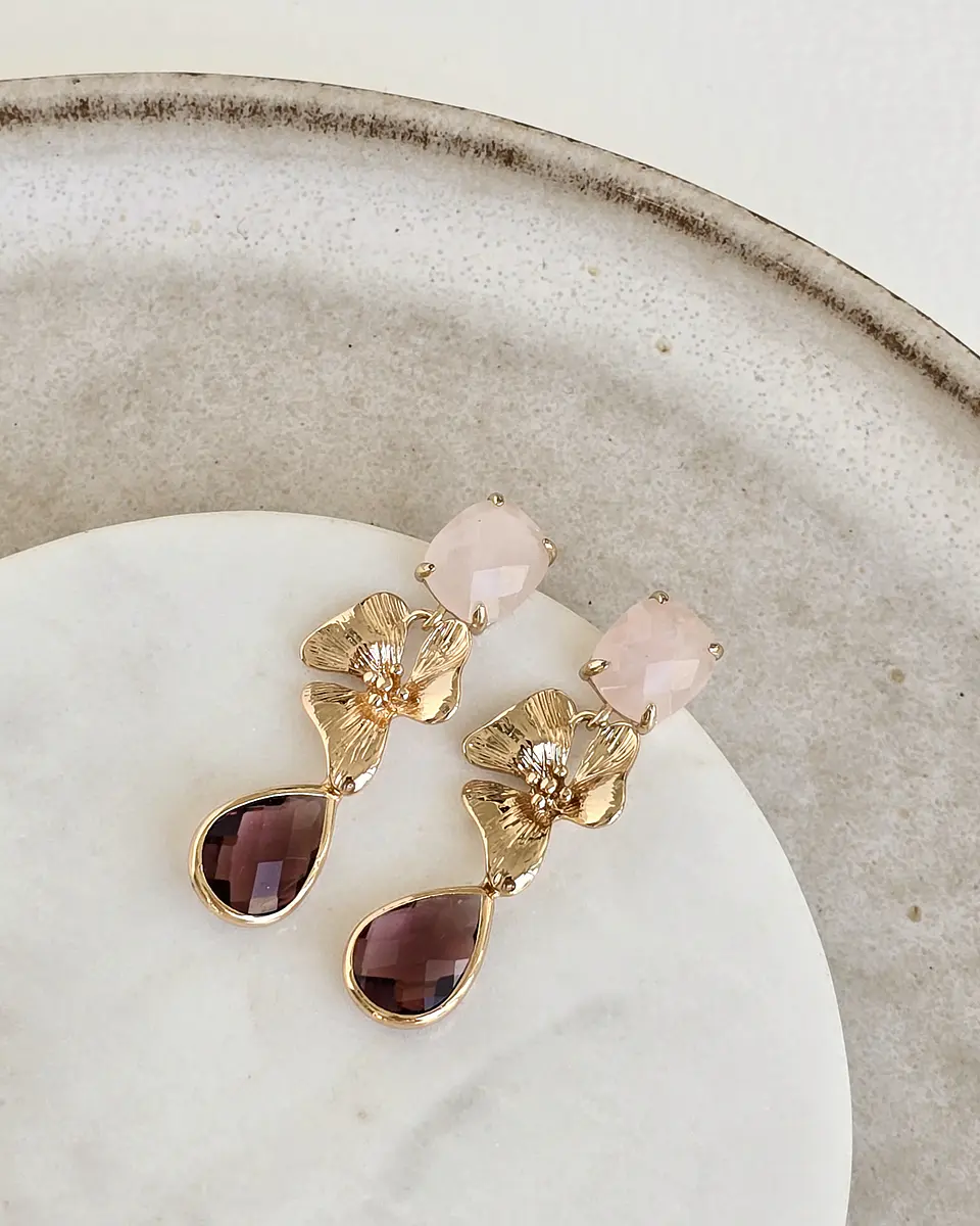 Aros cuarzo rosa, flor y cristal burdeo 1