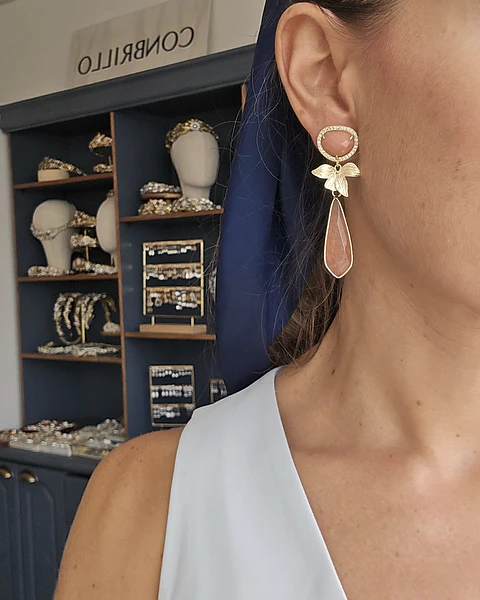Aros piedra natural naranja con hoja dorada