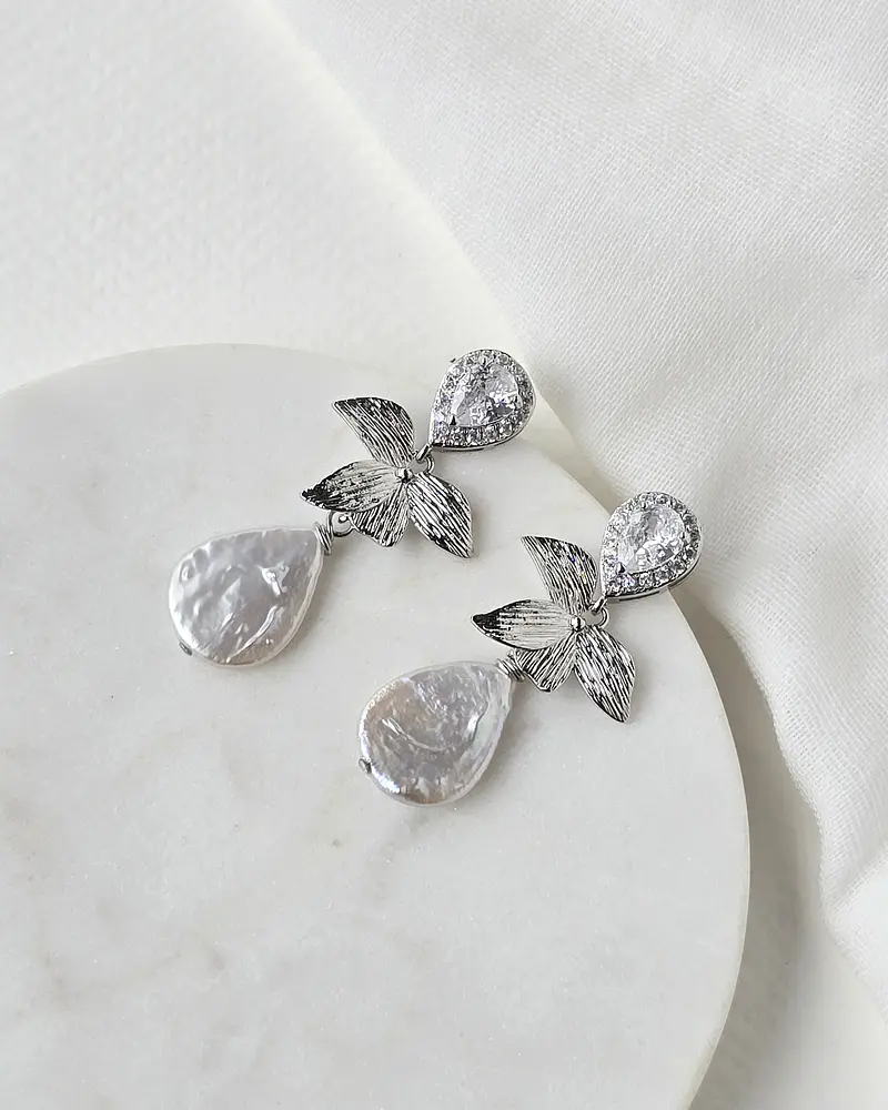 Aros circonita hoja y perla natural