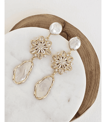 Aros largos perla, circonita y nácar