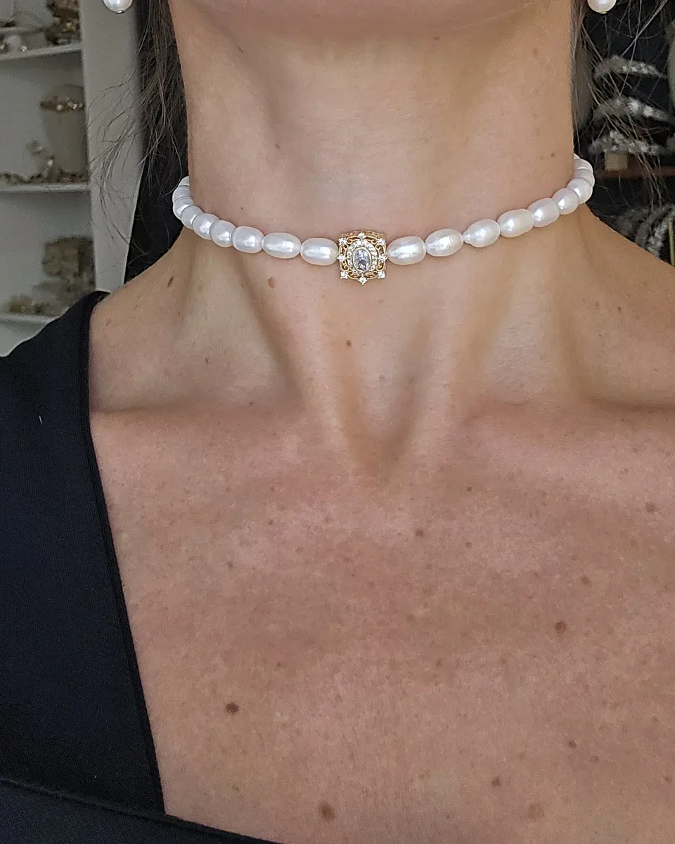 Choker perlas centro vintage dorado 4