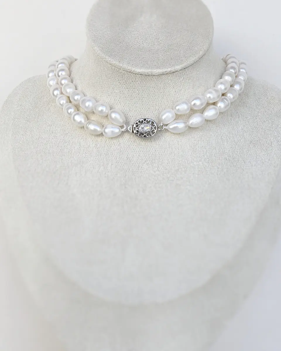 Choker doble de perlas con centro vintage plateado 3