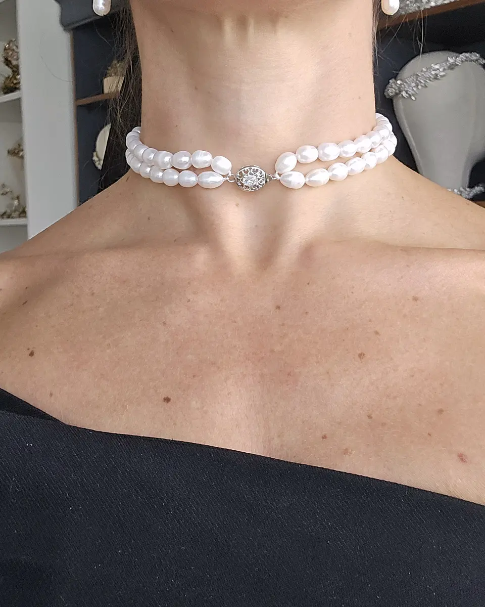 Choker doble de perlas con centro vintage plateado 4