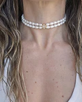 Choker doble de perlas con centro vintage oro