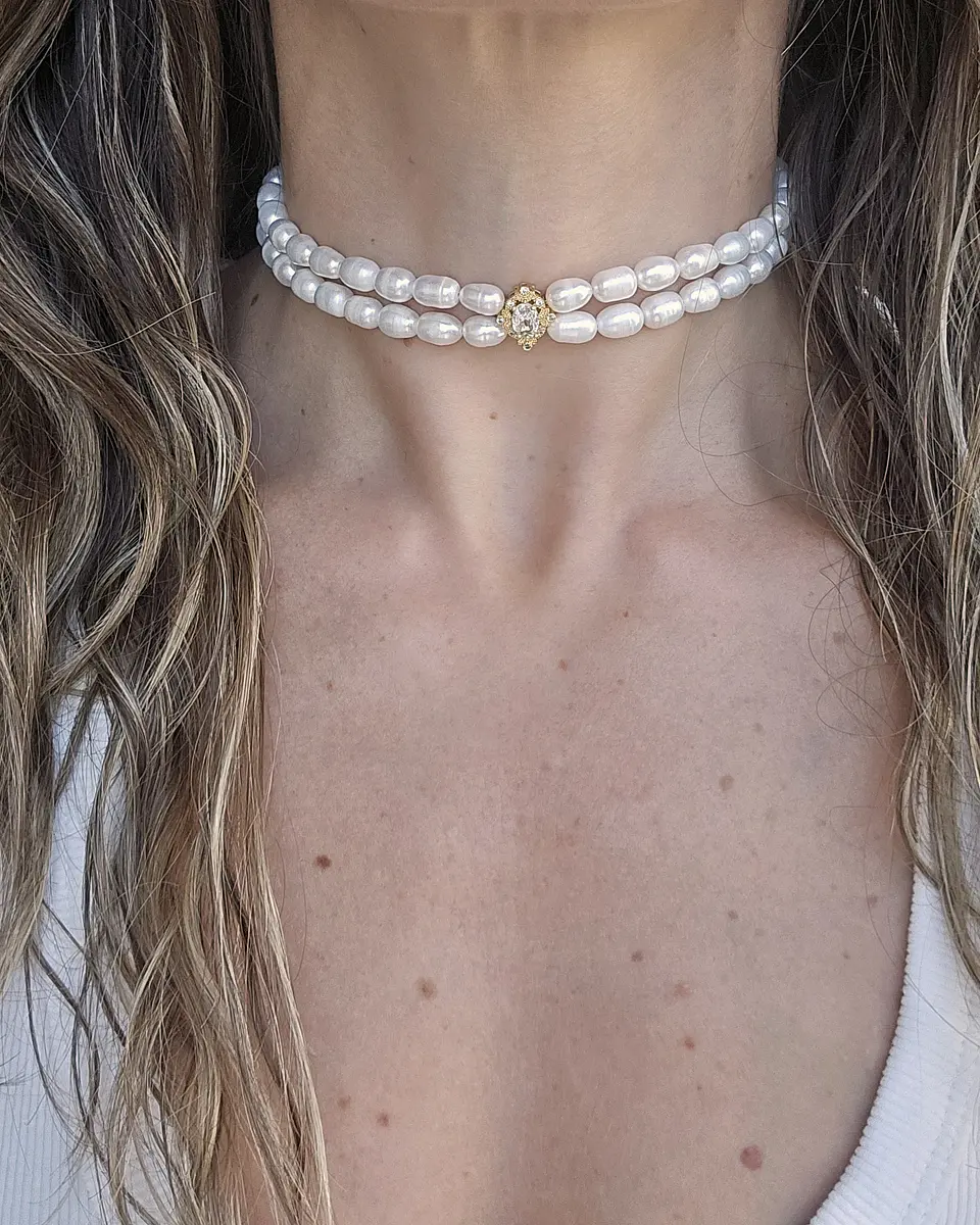 Choker doble de perlas con centro vintage oro 3