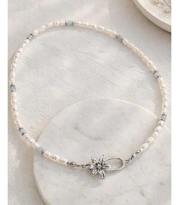 Collar perlas, agua marina y broche flor