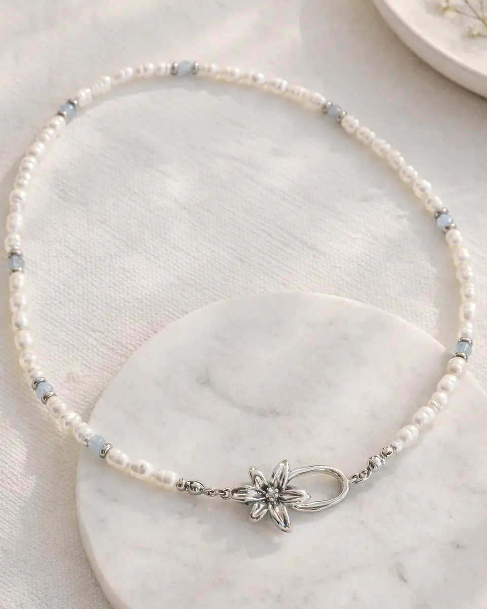 Collar perlas, agua marina y broche flor 1