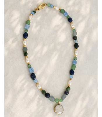 Collar piedras naturales azul y verde con perlas