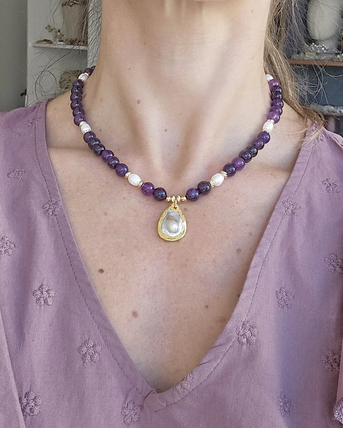 Collar amatistas y perlas 3