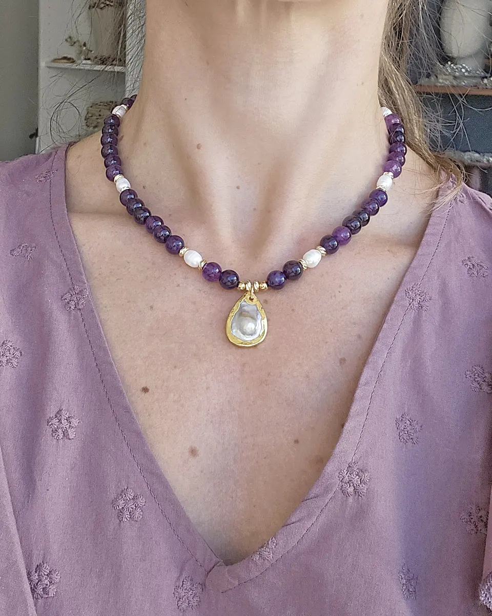 Collar amatistas y perlas 3