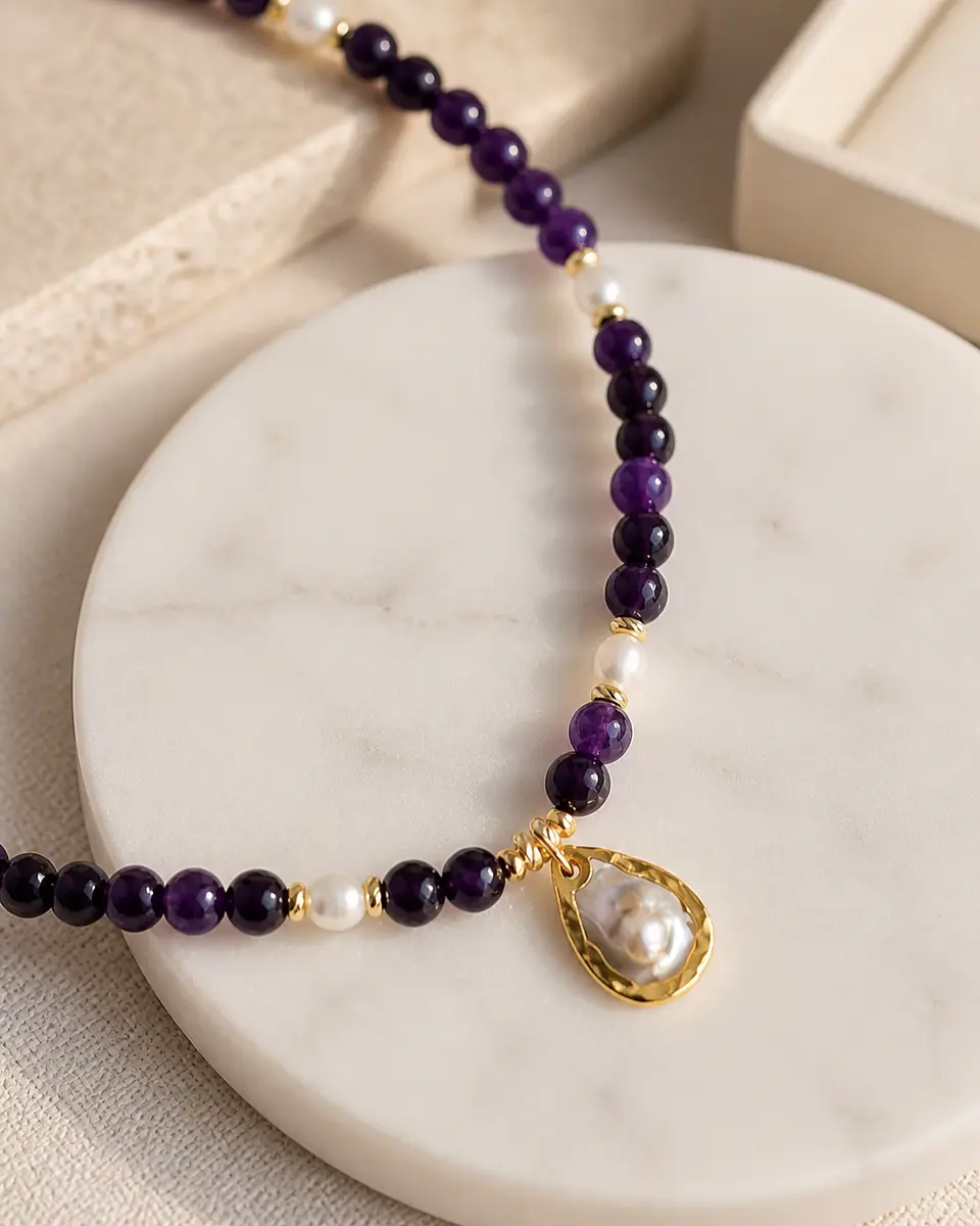 Collar amatistas y perlas 1