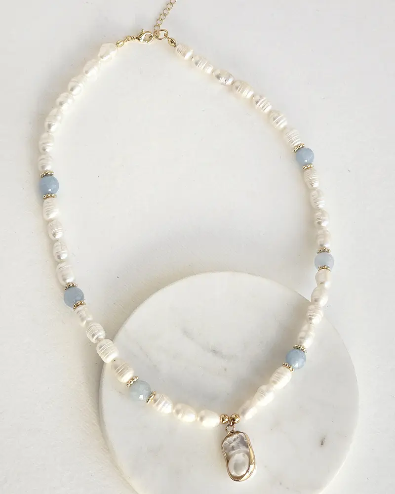 Collar perlas, agua marina y perla barroca