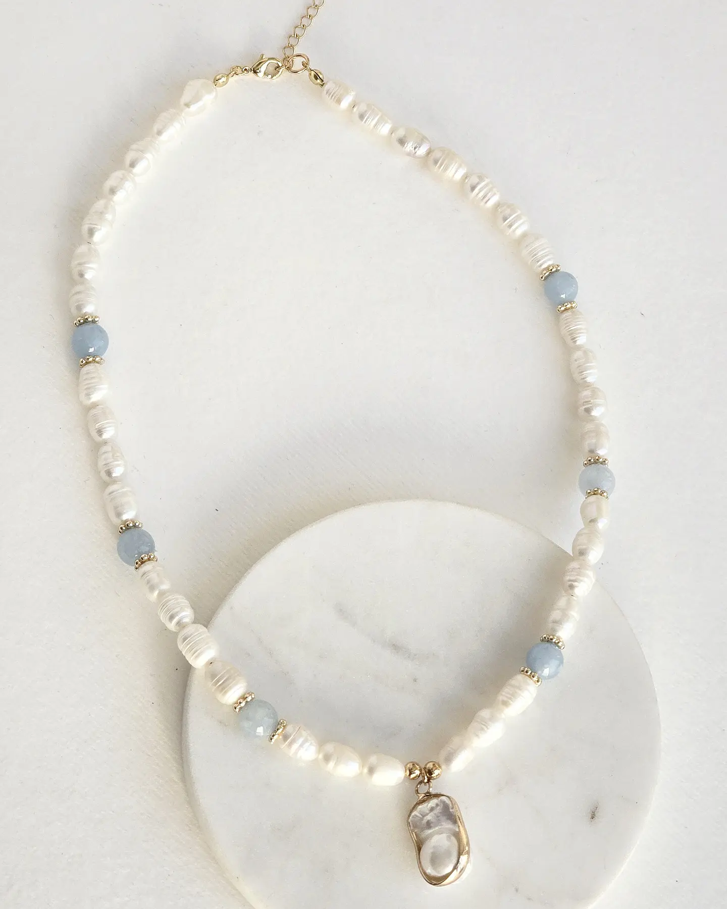Collar perlas, agua marina y perla barroca 2