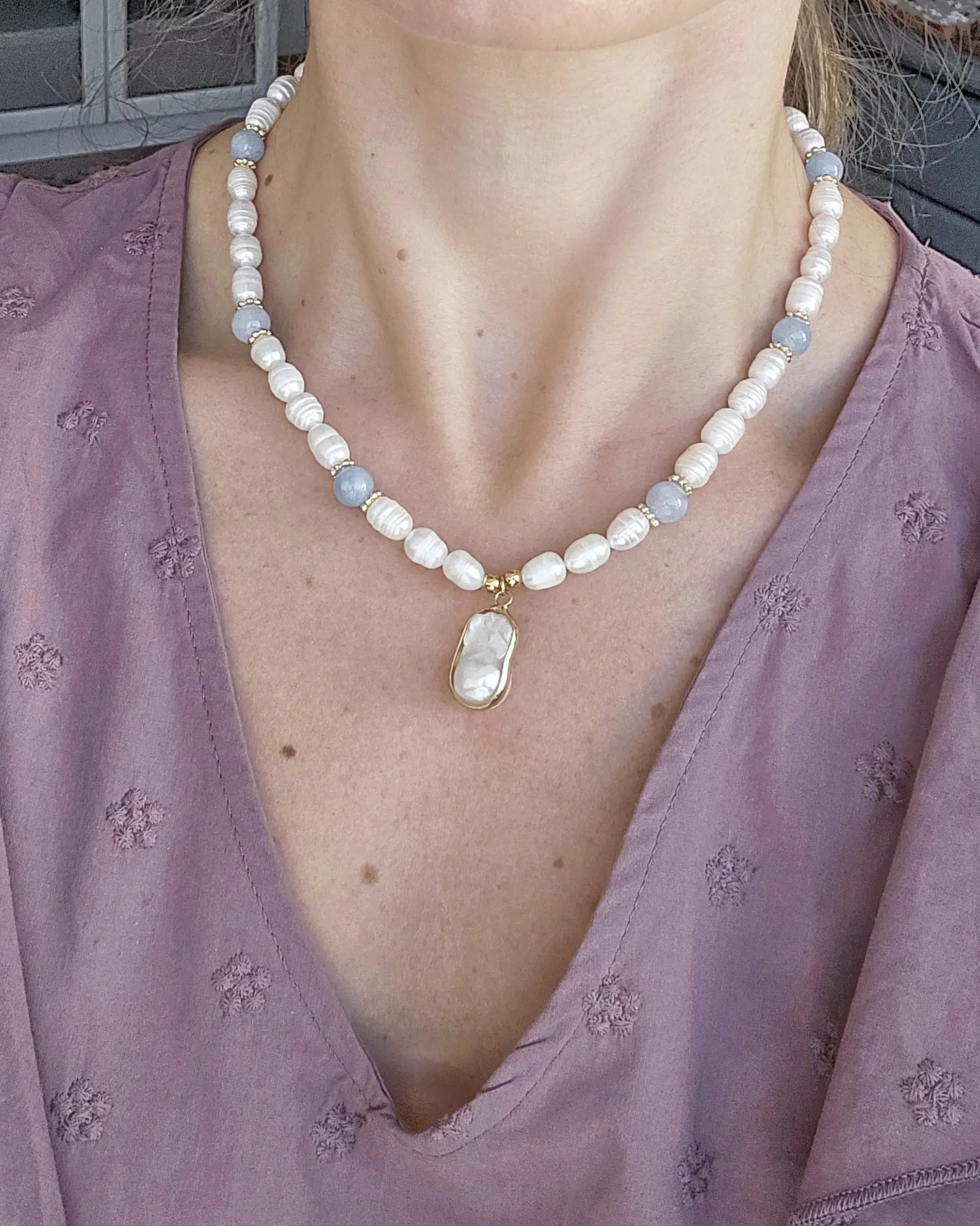 Collar perlas, agua marina y perla barroca 3