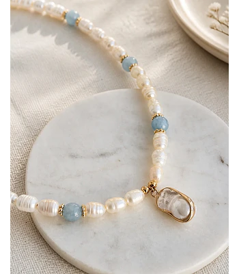 Collar perlas, agua marina y perla barroca