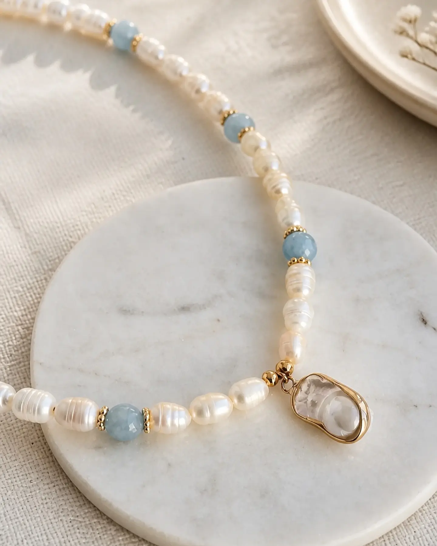 Collar perlas, agua marina y perla barroca 1