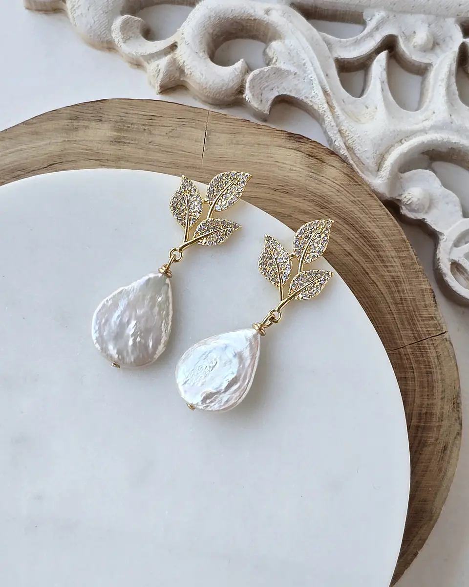Aros hojas circonitas y perla natural 3