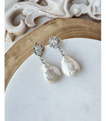 Aros rombo vintage y perla natural plata