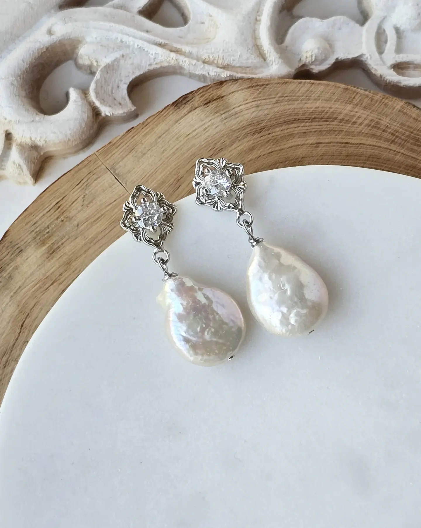 Aros rombo vintage y perla natural plata 1