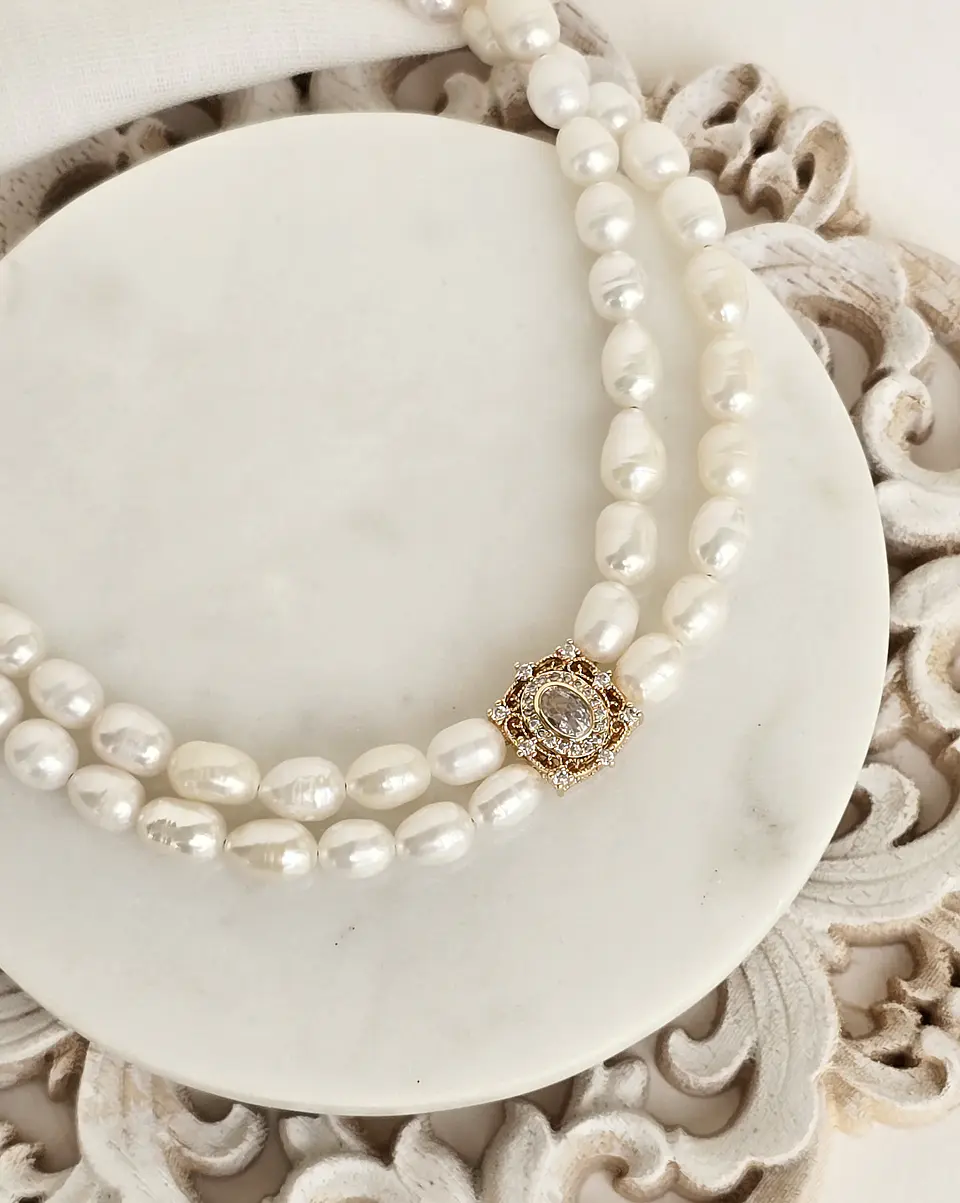Choker perlas doble con centro vintage cuadrado 1
