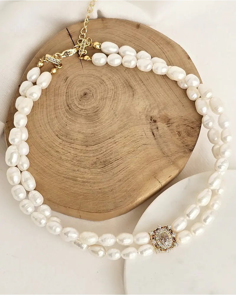 Choker perlas doble con centro vintage cuadrado