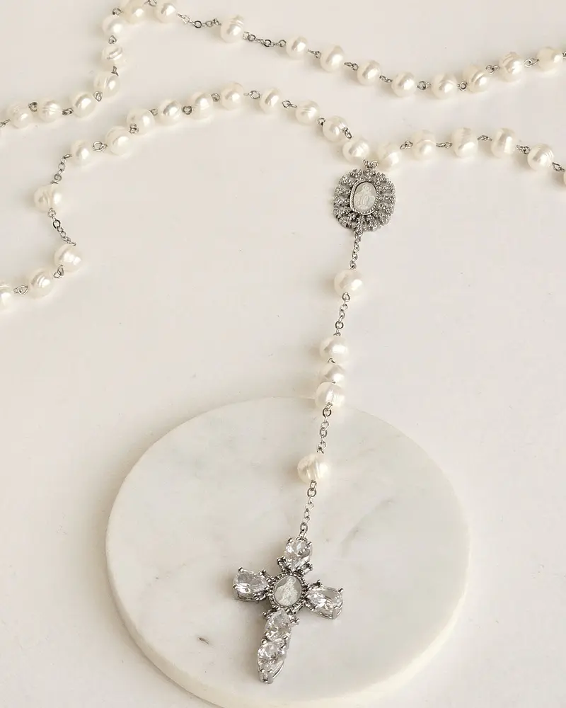 Rosario XL perlas y cruz con virgen de nácar