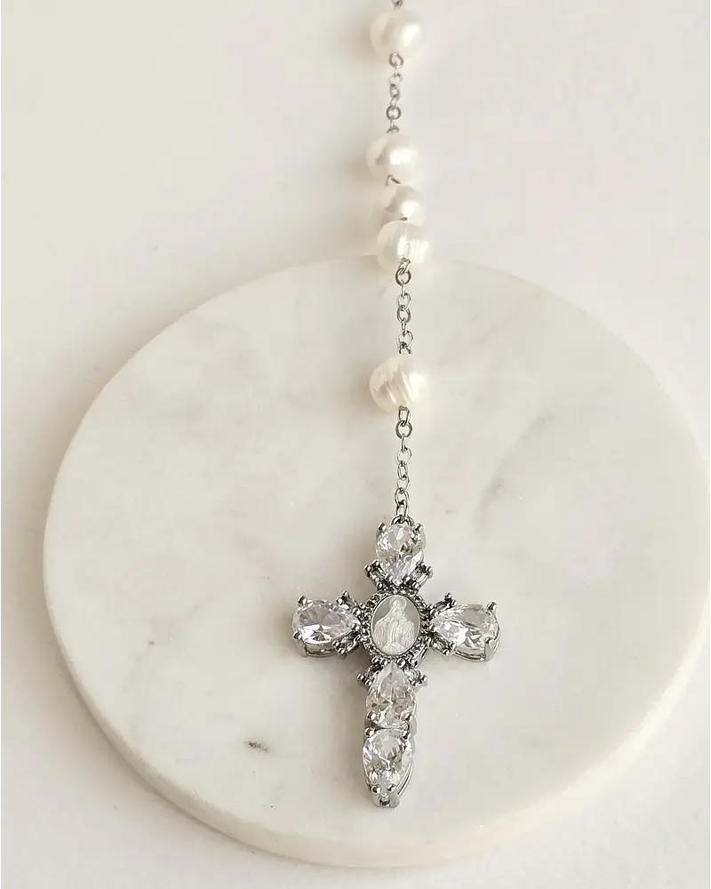 Rosario XL perlas y cruz con virgen de nácar