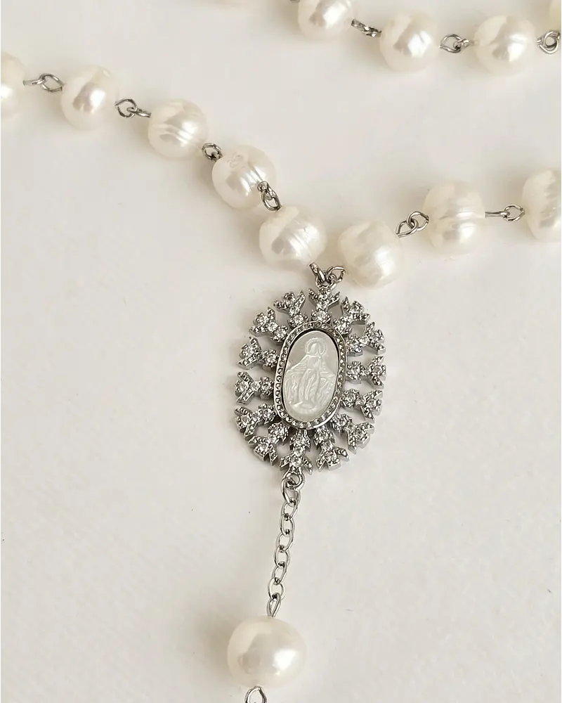 Rosario XL perlas y cruz con virgen de nácar