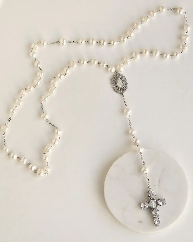 Rosario XL perlas y cruz con virgen de nácar