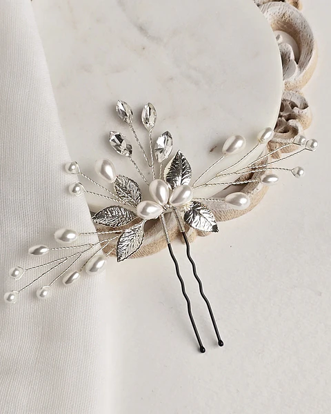 Tocado perlas y hojas silver