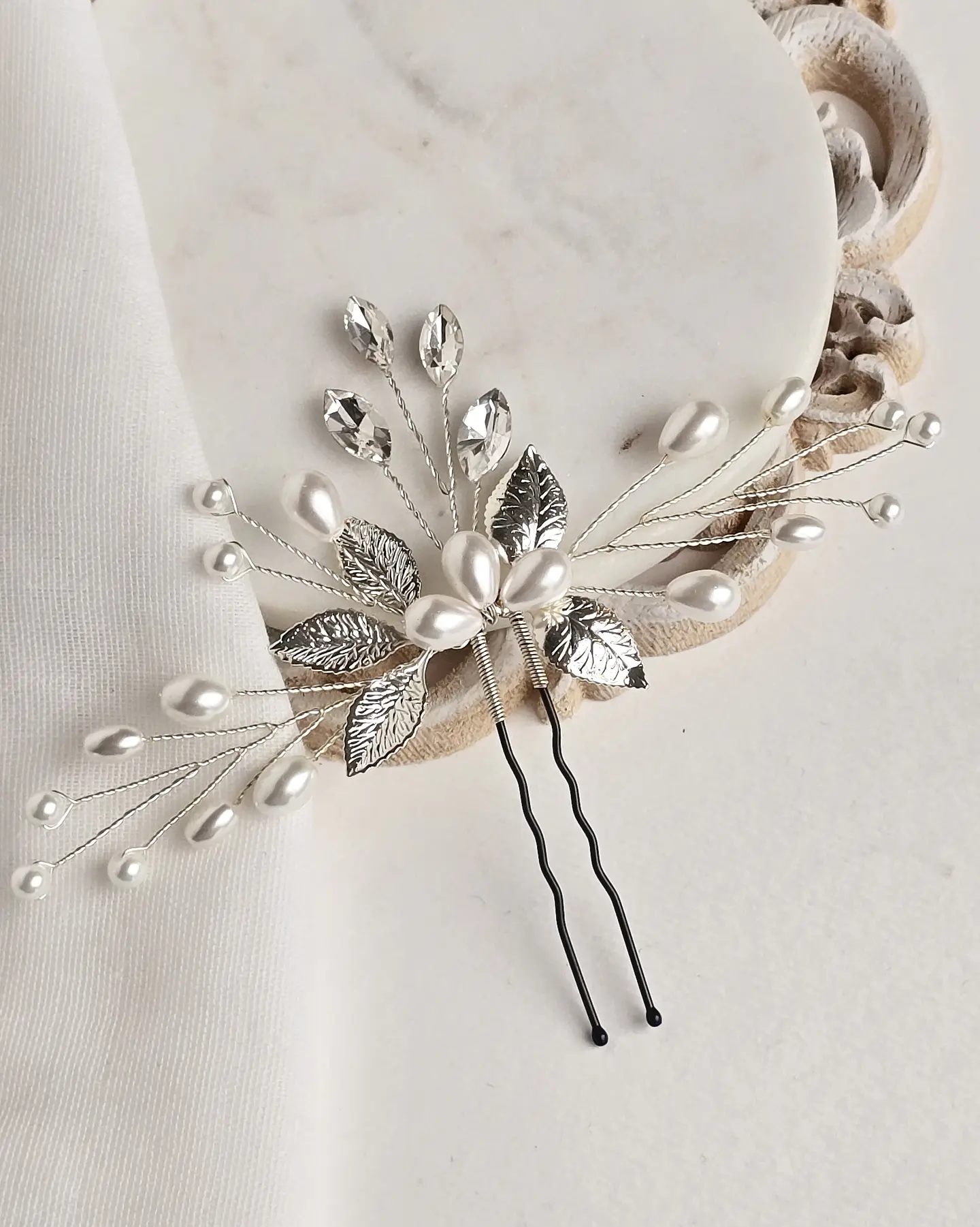Tocado perlas y hojas silver 2