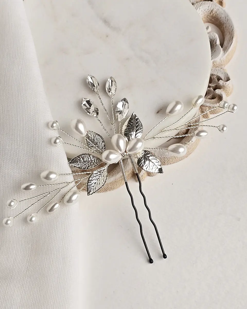 Tocado perlas y hojas silver 2