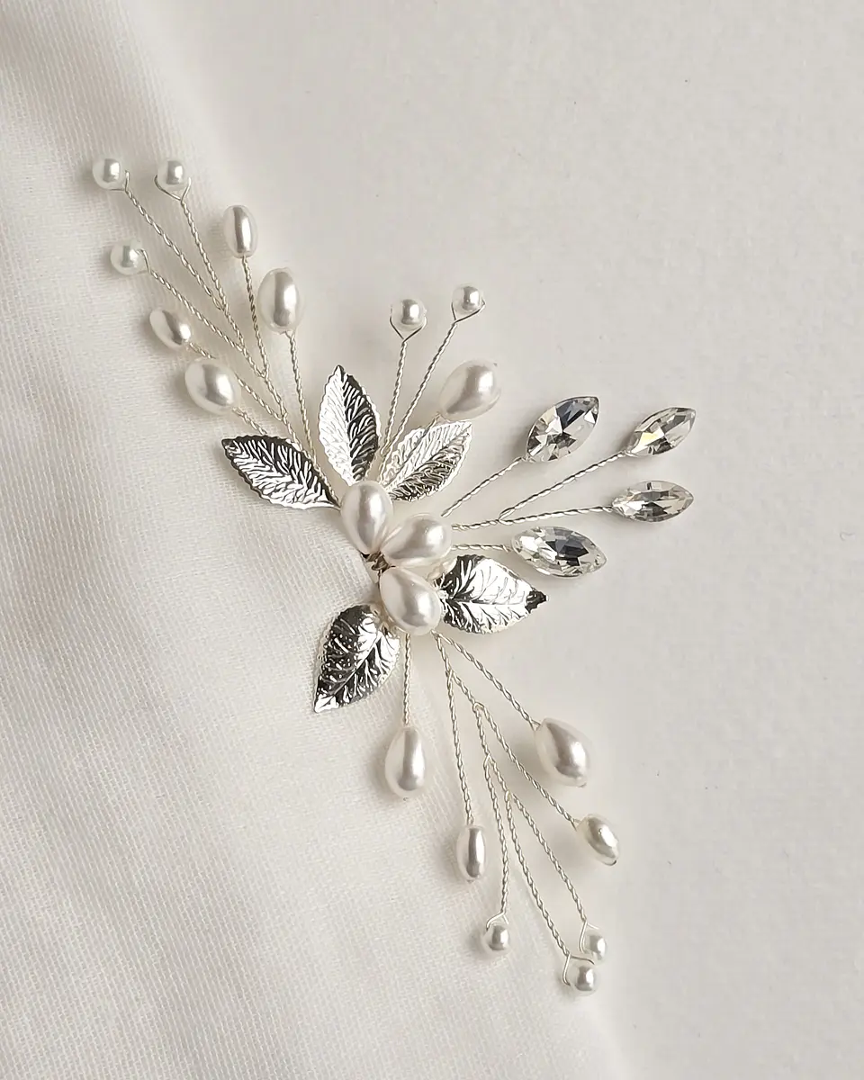 Tocado perlas y hojas silver 3