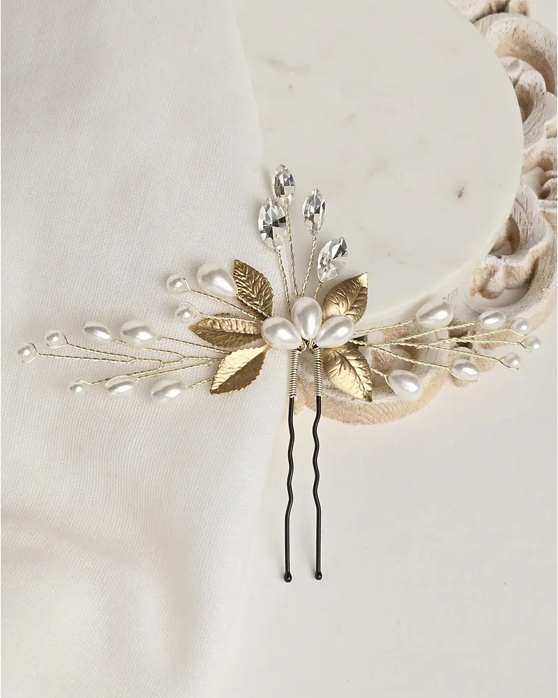 Tocado perlas y hojas gold