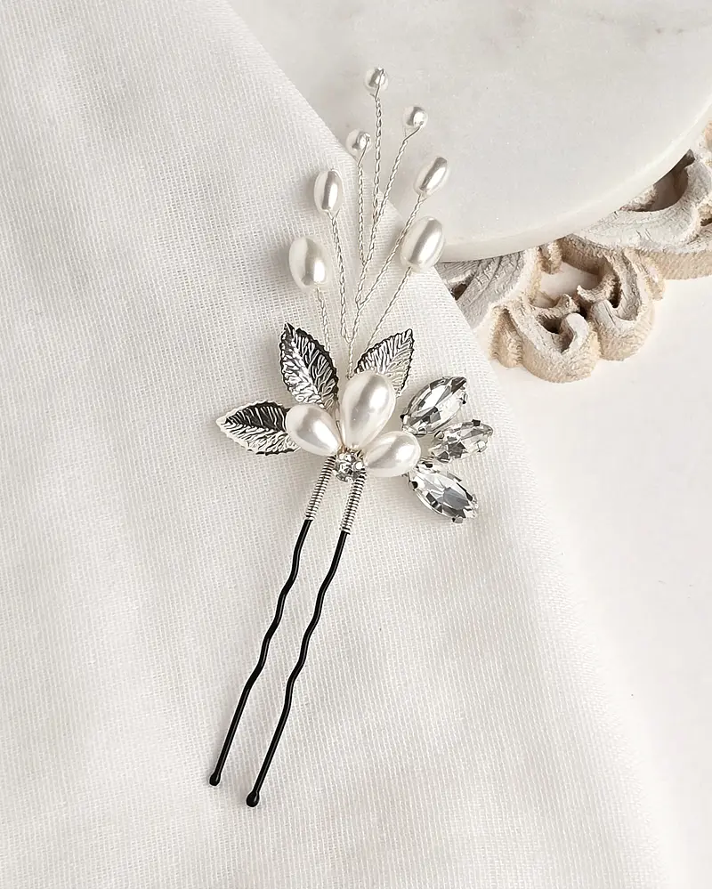 Pin de hoja y ramita perlas silver