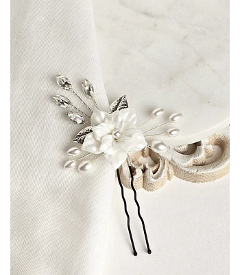 Pin de flor porcelana con hoja metálica silver